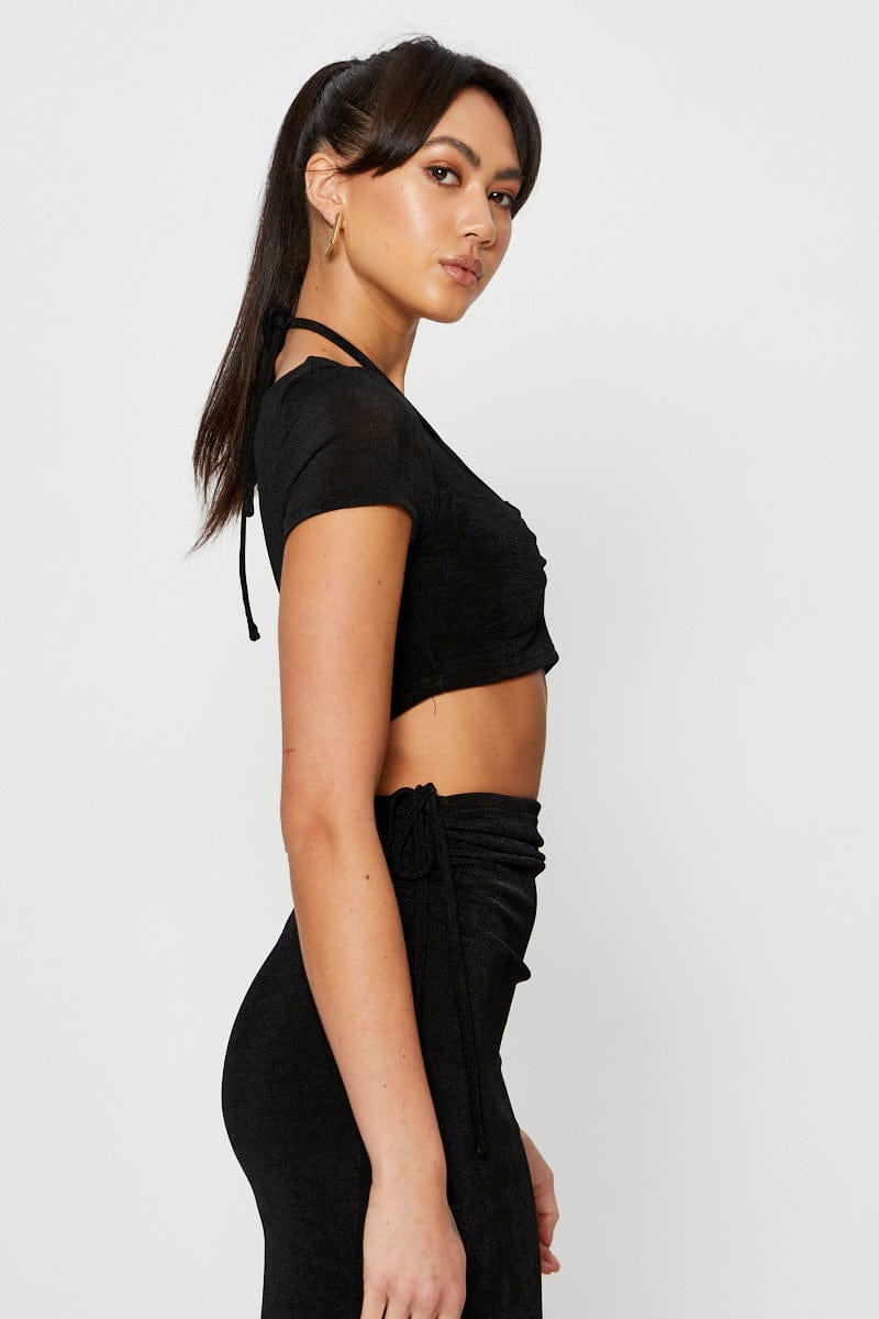 WRAP CROP Black Crop Top Short Sleeve Halter for Women by Ally