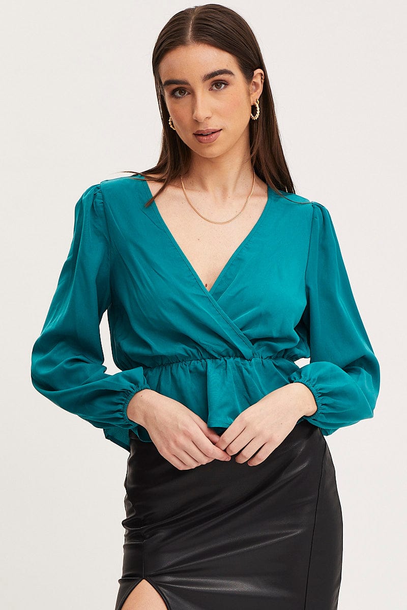 WRAP FRONT TOP Blue Wrap Front Top Long Sleeve for Women by Ally