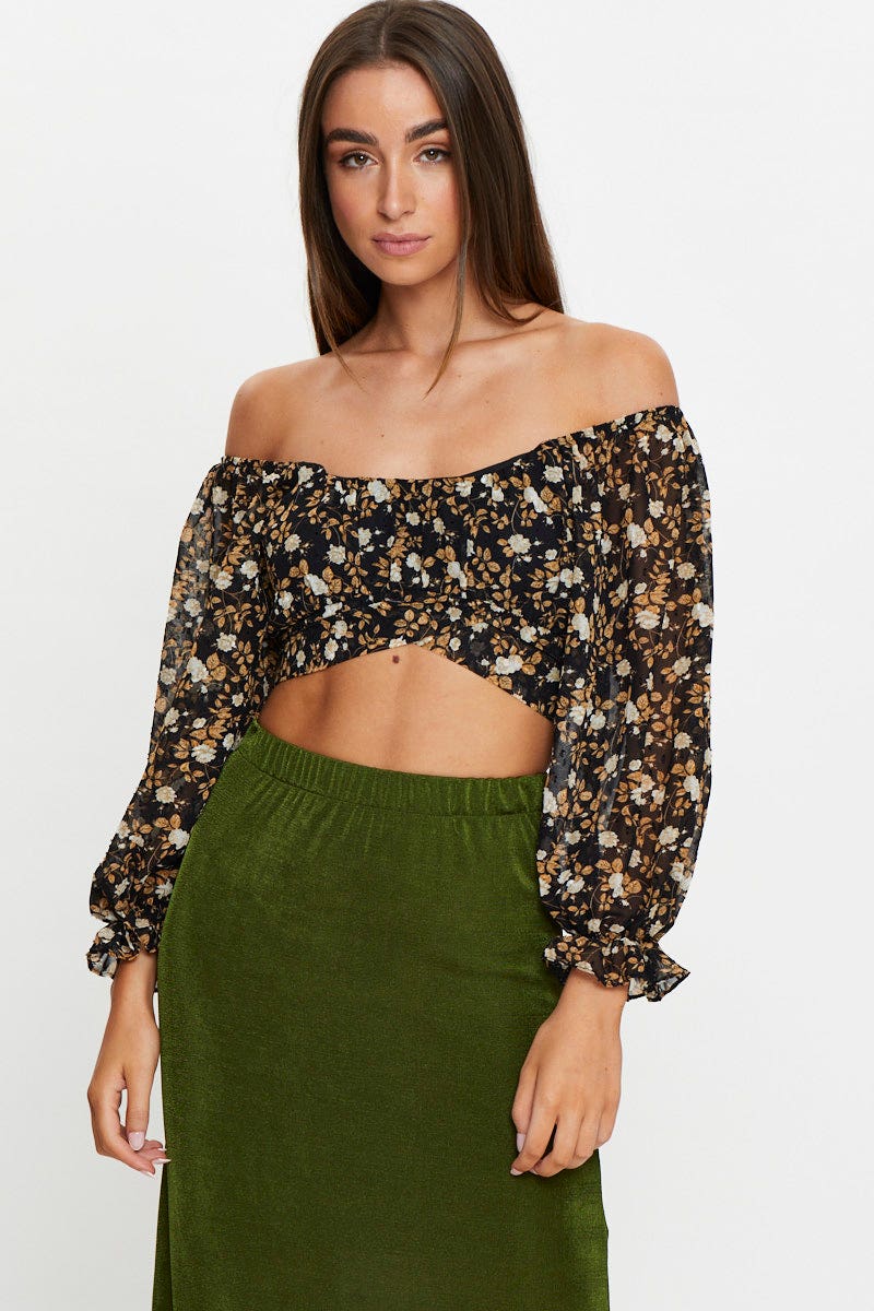 WRAP FRONT TOP Floral Print 3/4 Sleeve Crop Top for Women by Ally