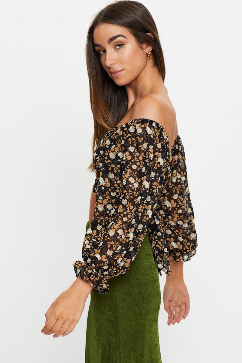 WRAP FRONT TOP Floral Print 3/4 Sleeve Crop Top for Women by Ally