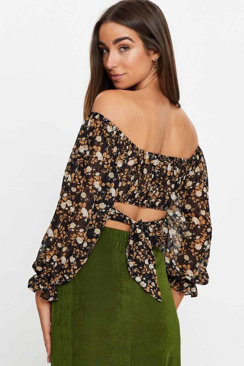 WRAP FRONT TOP Floral Print 3/4 Sleeve Crop Top for Women by Ally