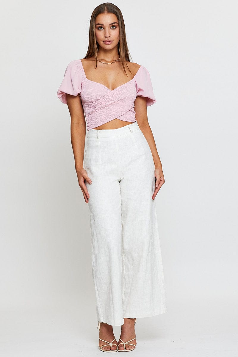 WRAP FRONT TOP Pink Puff Sleeve Top Short Sleeve Crop for Women by Ally