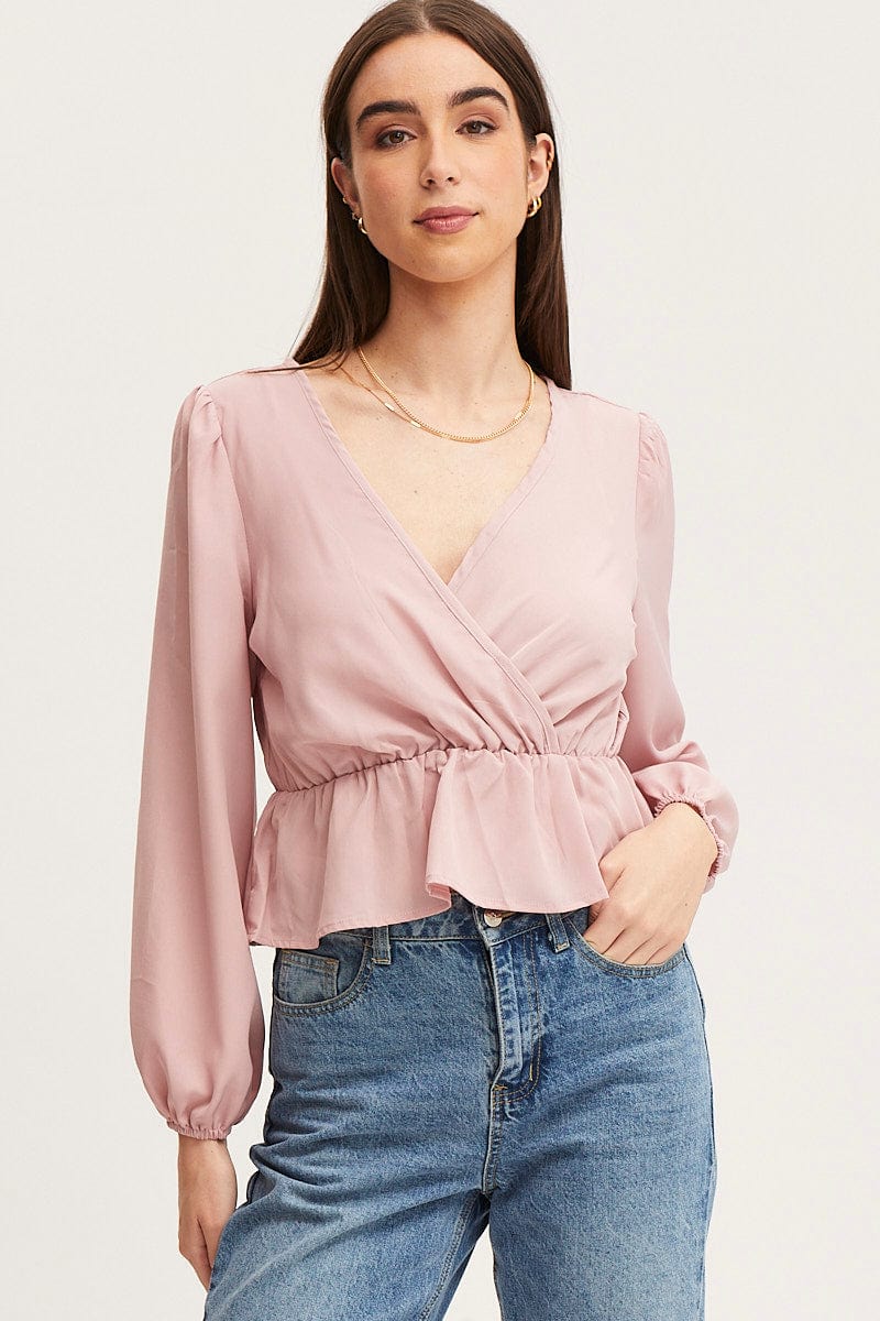 WRAP FRONT TOP Pink Wrap Front Top Long Sleeve for Women by Ally