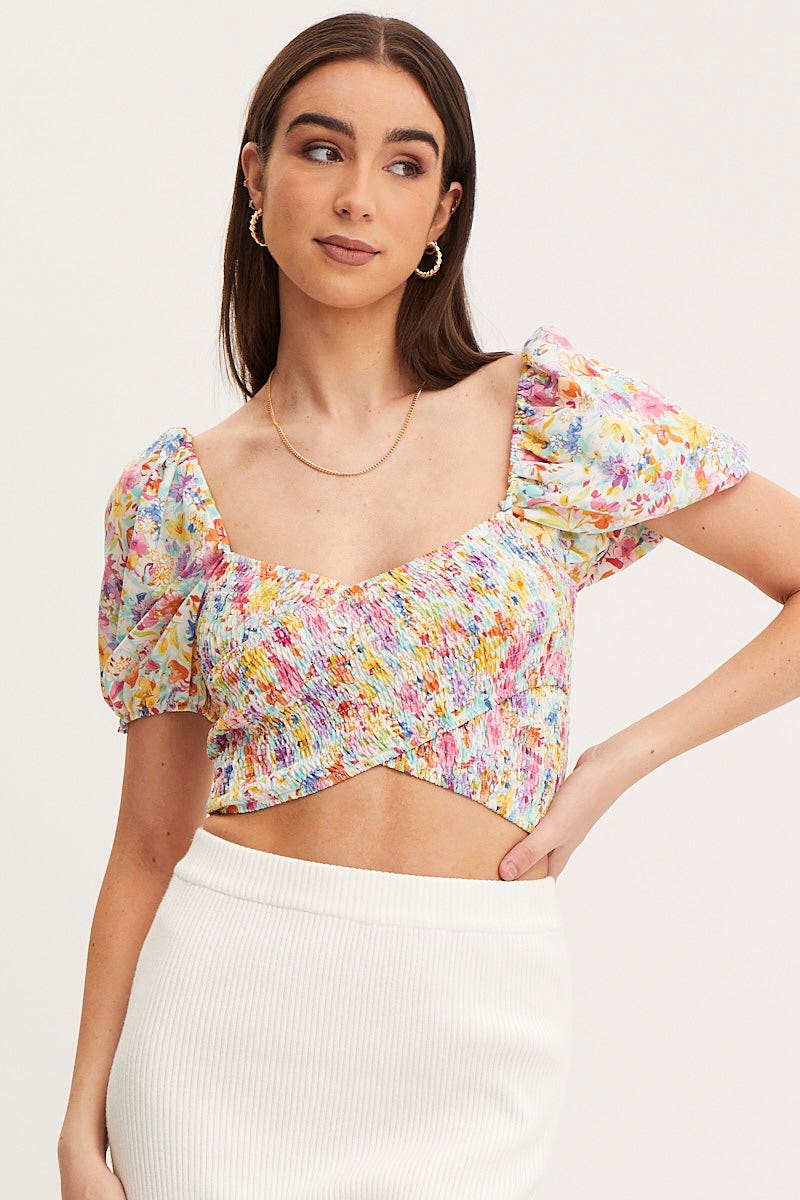 WRAP FRONT TOP Print Puff Sleeve Top Short Sleeve Crop for Women by Ally