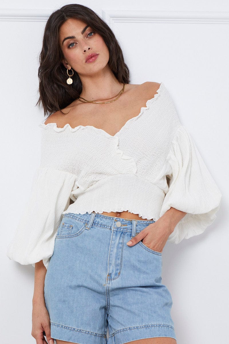 WRAP FRONT TOP White Wrap Top Three-Quarter Off Shoulder Sweetheart for Women by Ally