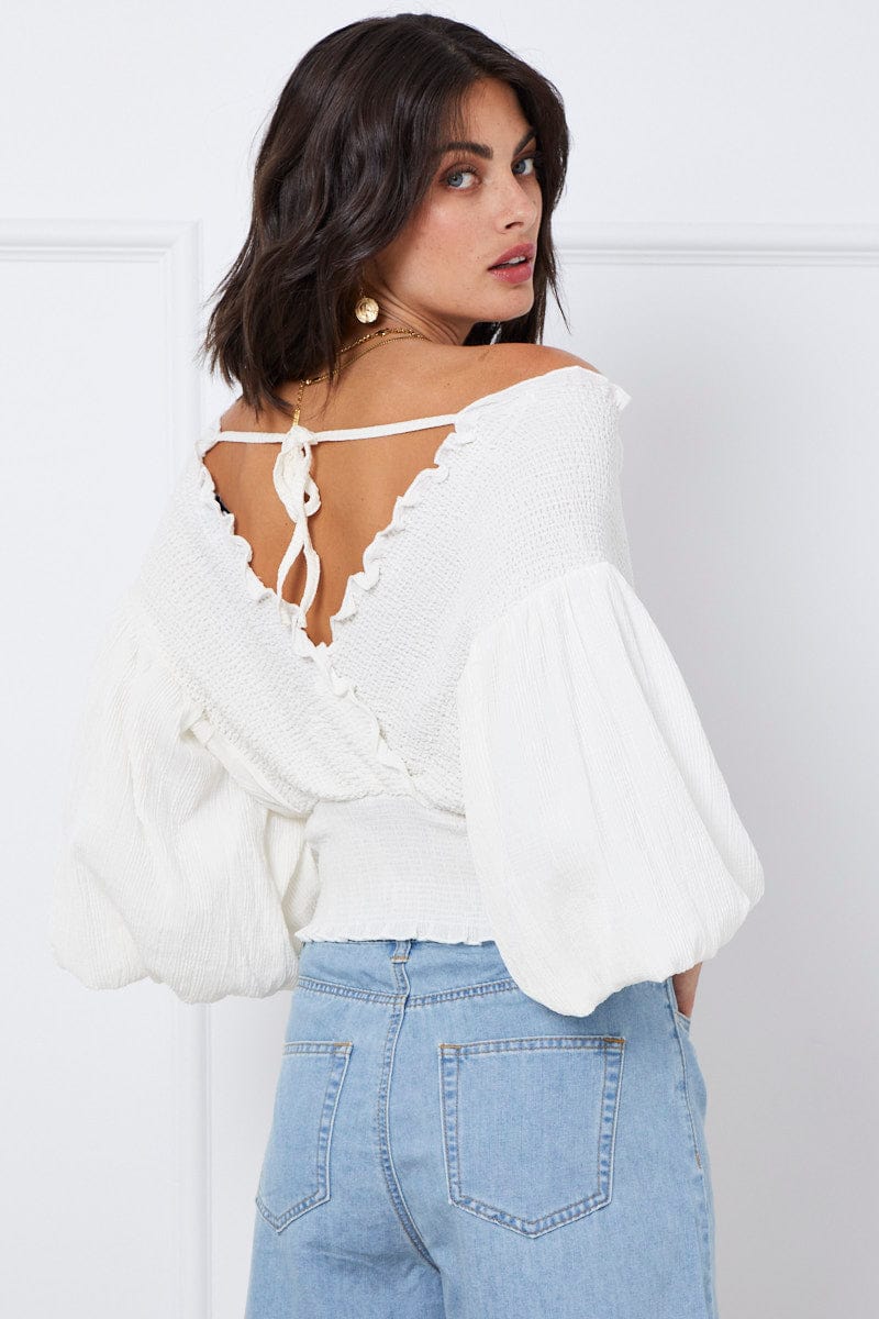 WRAP FRONT TOP White Wrap Top Three-Quarter Off Shoulder Sweetheart for Women by Ally